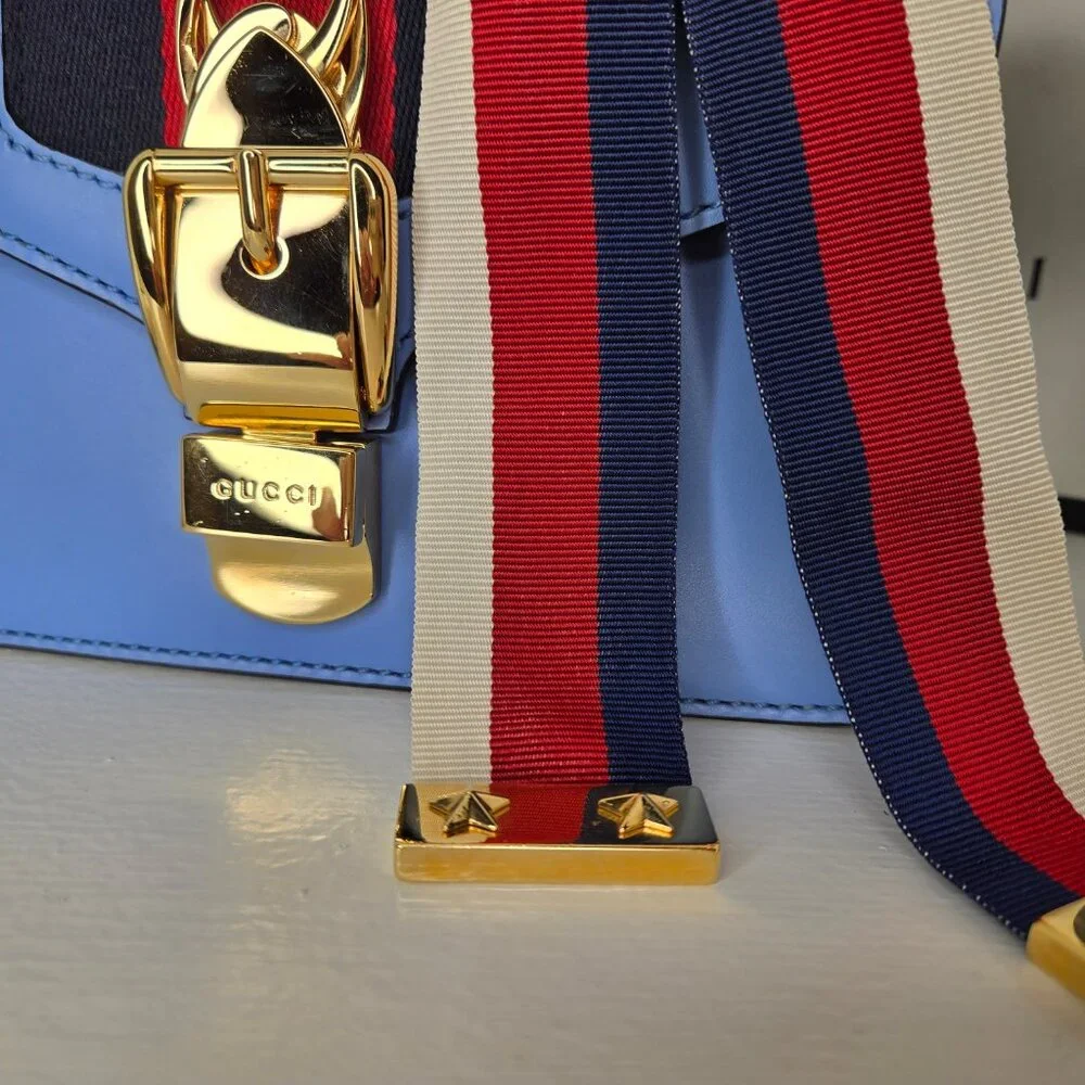 Gucci Sylvie Mini Flap Bag Blue with Ribbon & Chain Handbag Purse Crossbody - Picture 6 of 15